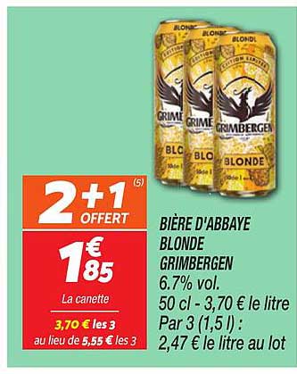 BIÈRE D'ABBAYE BLONDE GRIMBERGEN 6.7% vol. 50 cl - 3,70 € le litre Par 3 (1,5 l) : 2,47 € le litre au lot
