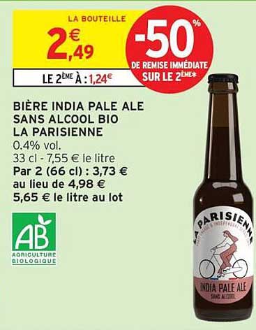BIÈRE INDIA PALE ALE SANS ALCOOL BIO LA PARISIENNE