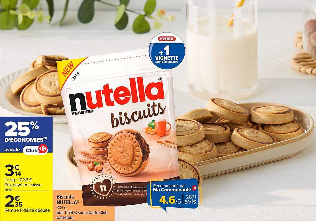 Biscuits NUTELLA® 304 g, Soit 0,79 € sur la Carte Club Carrefour.