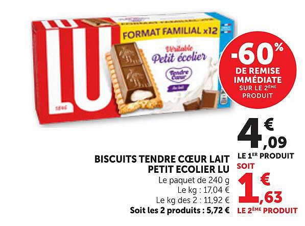 BISCUITS TENDRE CŒUR LAIT PETIT ECOLIER LU