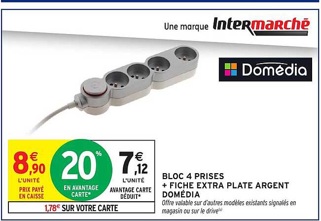 BLOC 4 PRISES + FICHE EXTRA PLATE ARGENT DOMÉDIA