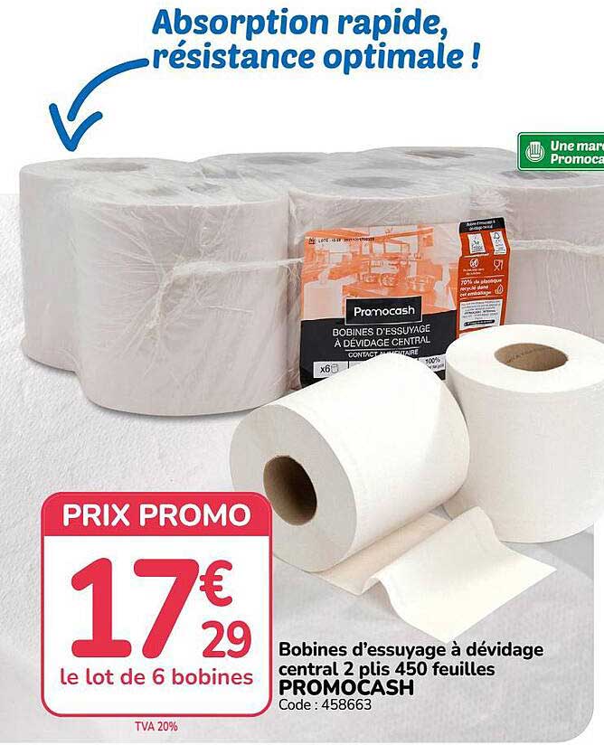 Bobines d'essuyage à dévidage central 2 plis 450 feuilles PROMOCASH
