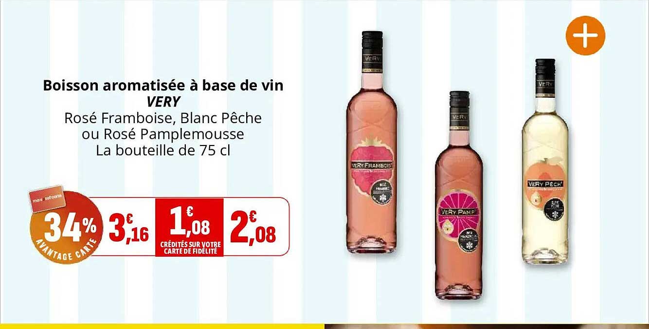 Boisson aromatisée à base de vin VERY Rosé Framboise, Blanc Pêche ou Rosé Pamplemousse La bouteille de 75 cl