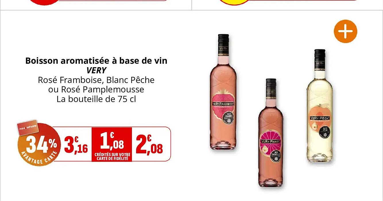 Boisson aromatisée à base de vin VERY Rosé Framboise, Blanc Pêche ou Rosé Pamplemousse La bouteille de 75 cl