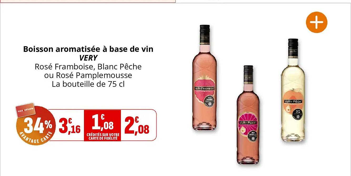 Boisson aromatisée à base de vin VERY Rosé Framboise, Blanc Pêche ou Rosé Pamplemousse La bouteille de 75 cl