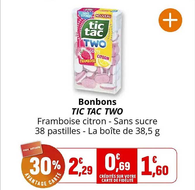 Bonbons TIC TAC TWO Framboise citron - Sans sucre 38 pastilles - La boîte de 38,5 g