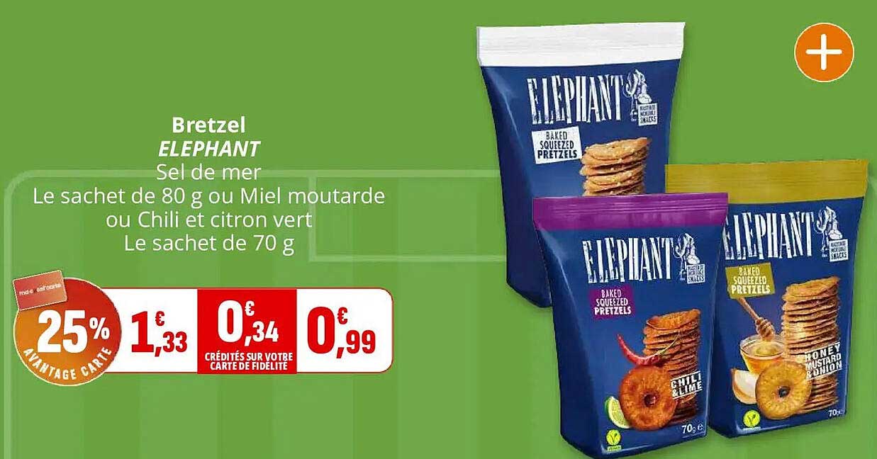 Bretzel ELEPHANT Sel de mer Le sachet de 80 g ou Miel moutarde ou Chili et citron vert Le sachet de 70 g