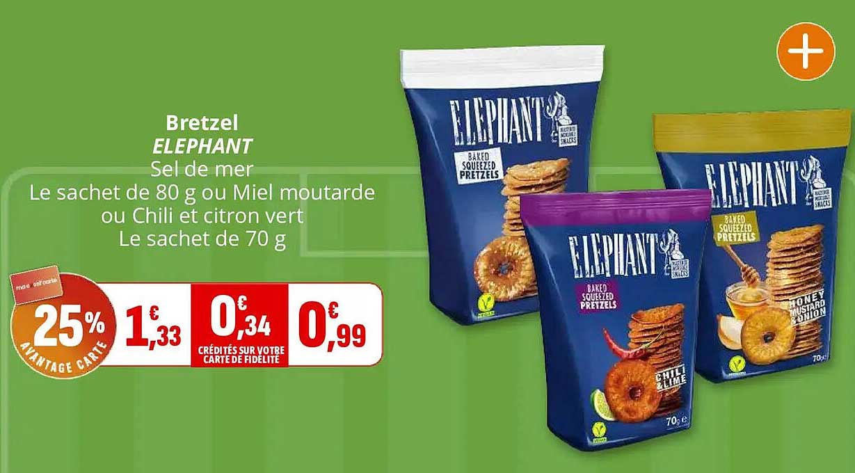 Bretzel ELEPHANT Sel de mer Le sachet de 80 g ou Miel moutarde ou Chili et citron vert Le sachet de 70 g