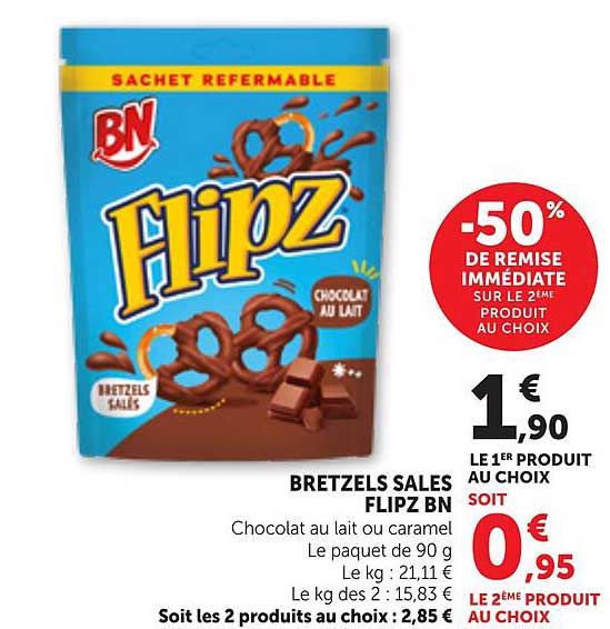 BRETZELS SALES FLIPZ BN Chocolat au lait ou caramel Le paquet de 90 g