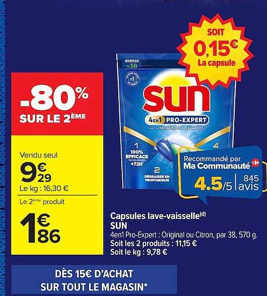 Capsules lave-vaisselle SUN 4en1 Pro-Expert : Original ou Citron, par 38, 570 g