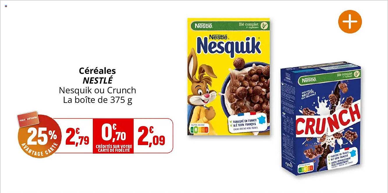 Céréales NESTLÉ Nesquik ou Crunch La boîte de 375 g