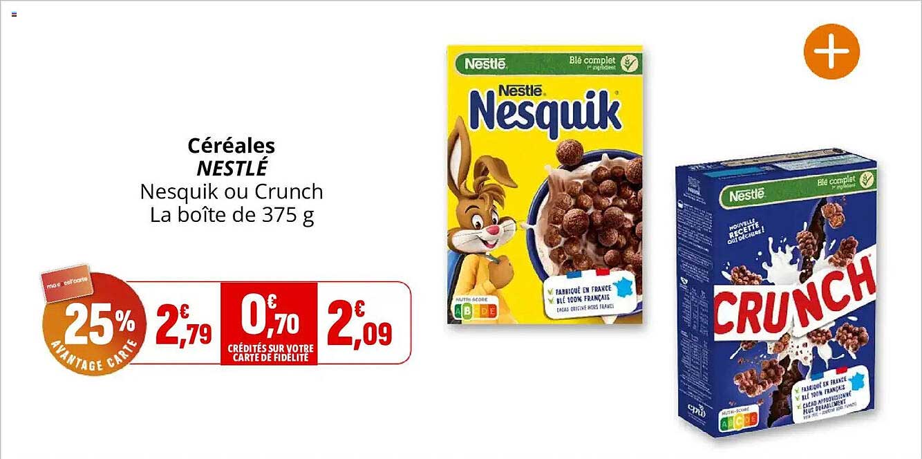 Céréales NESTLÉ Nesquik ou Crunch La boîte de 375 g