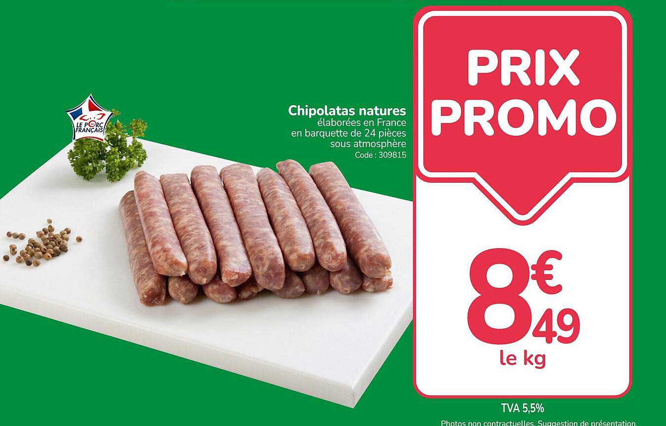 Chipolatas natures élaborées en France en barquette de 24 pièces sous atmosphère