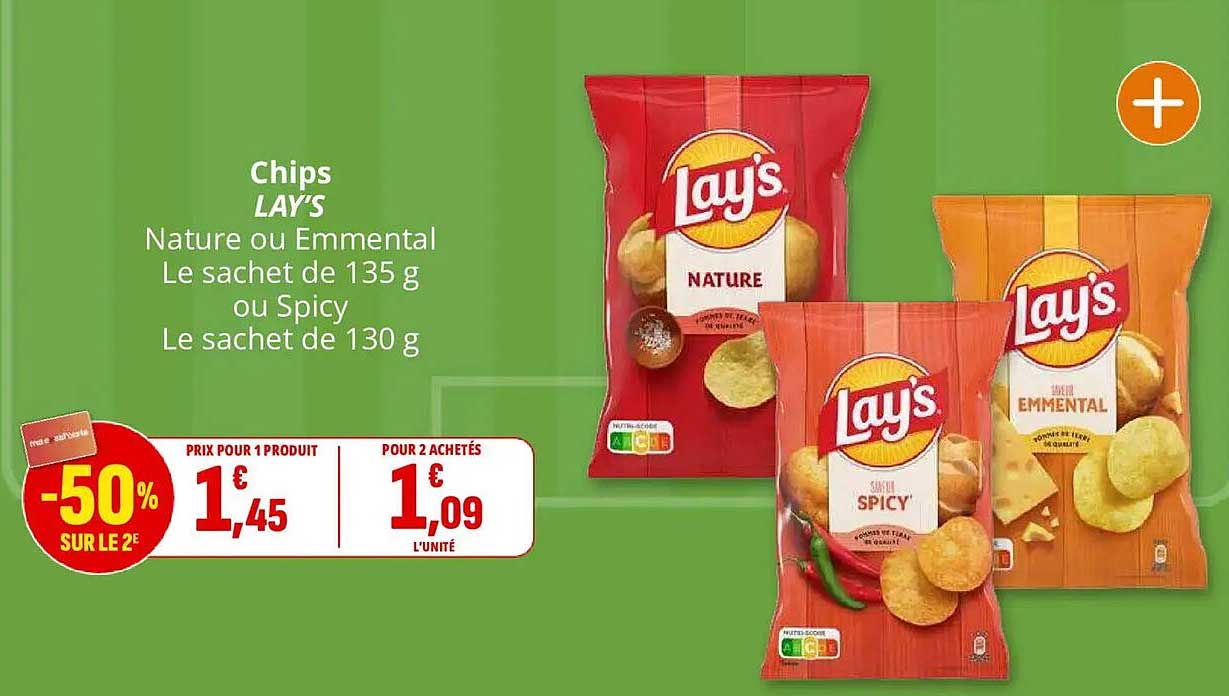 Chips LAY'S Nature ou Emmental Le sachet de 135 g ou Spicy Le sachet de 130 g
