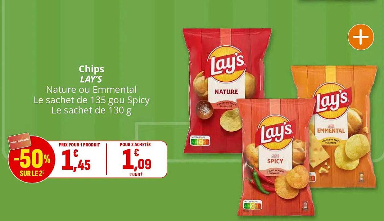Chips LAY'S Nature ou Emmental Le sachet de 135 g ou Spicy Le sachet de 130 g