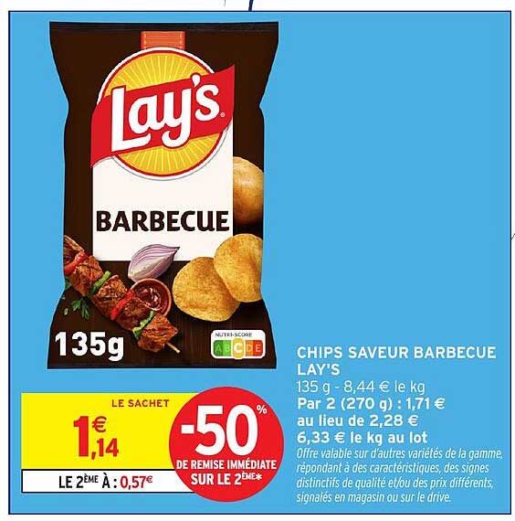 CHIPS SAVEUR BARBECUE LAY'S 135 g - 8,44 € le kg Par 2 (270 g) : 1,71 € au lieu de 2,28 € 6,33 € le kg au lot