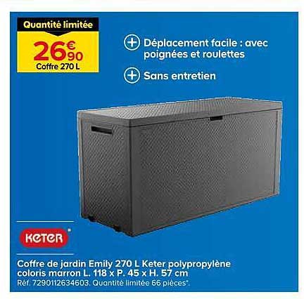 Coffre de jardin Emily 270 L Keter polypropylène coloris marron L. 118 x P. 45 x H. 57 cm
