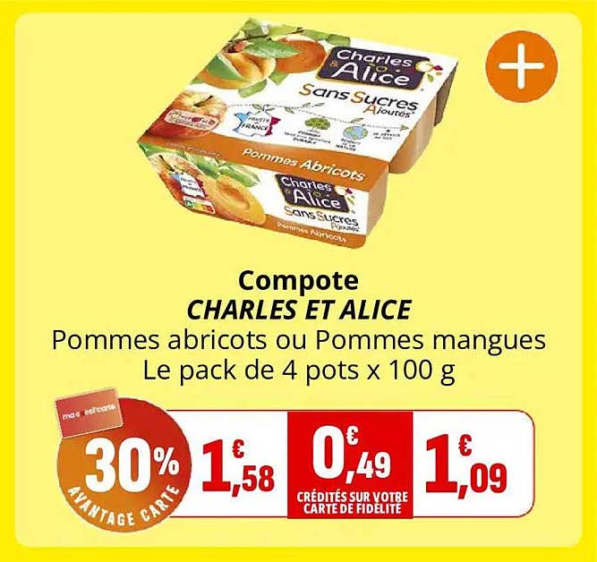Compote CHARLES ET ALICE Pommes abricots ou Pommes mangues Le pack de 4 pots x 100 g