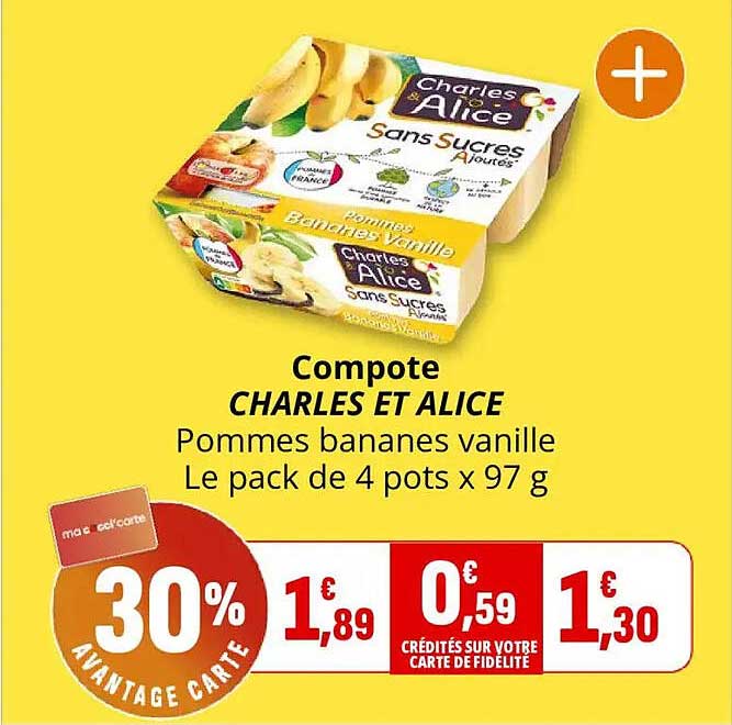 Compote CHARLES ET ALICE Pommes bananes vanille Le pack de 4 pots x 97 g