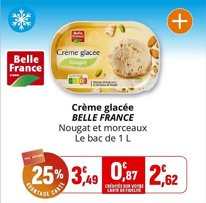 Crème glacée BELLE FRANCE Nougat et morceaux Le bac de 1 L