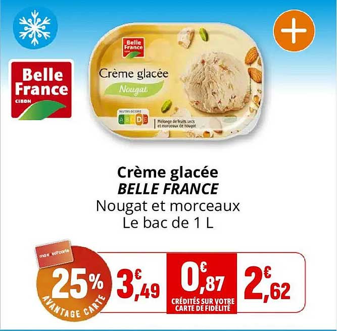Crème glacée BELLE FRANCE Nougat et morceaux Le bac de 1 L