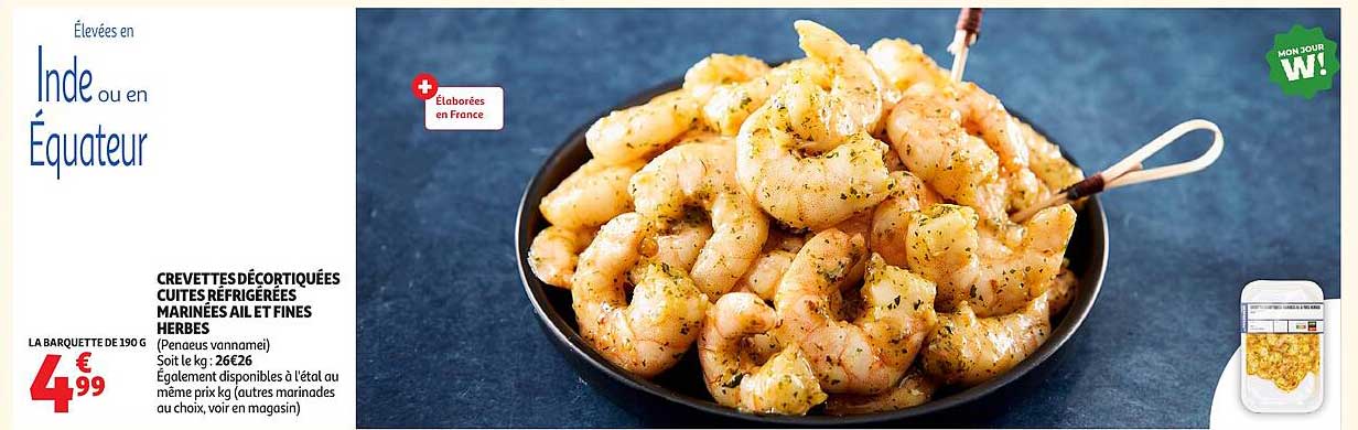CREVETTES DÉCORTIQUÉES CUITES RÉFRIGÉRÉES MARINÉES AIL ET FINES HERBES