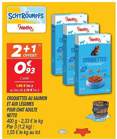 CROQUETTES AU SAUMON ET AUX LÉGUMES POUR CHAT ADULTE NETTO 400 g - 2,33 € le kg Par 3 (1,2 kg) : 1,55 € le kg au lot