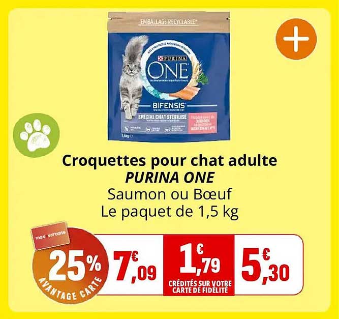 Croquettes pour chat adulte PURINA ONE Saumon ou Bœuf Le paquet de 1,5 kg