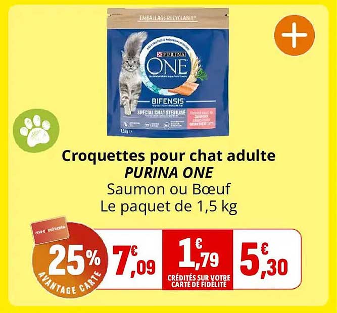 Croquettes pour chat adulte PURINA ONE Saumon ou Boeuf Le paquet de 1,5 kg
