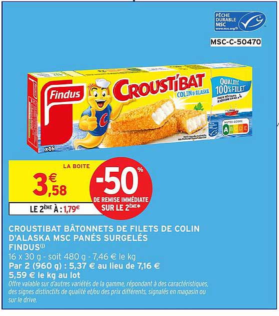 CROUSTIBAT BÂTONNETS DE FILETS DE COLIN D'ALASKA MSC PANÉS SURGELÉS FINDUS