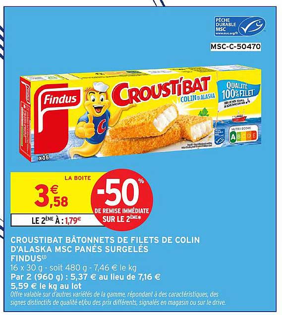 CROUSTIBAT BÂTONNETS DE FILETS DE COLIN D'ALASKA MSC PANÉS SURGELÉS FINDUS