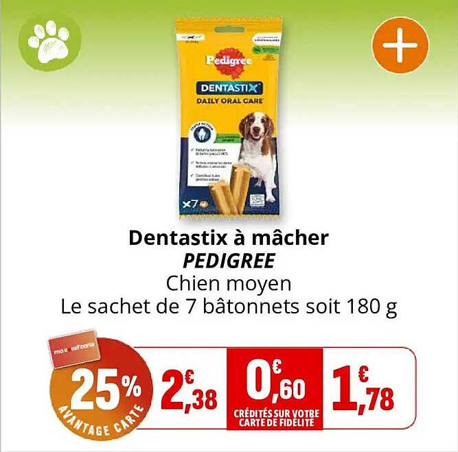 Dentastix à mâcher PEDIGREE Chien moyen Le sachet de 7 bâtonnets soit 180 g