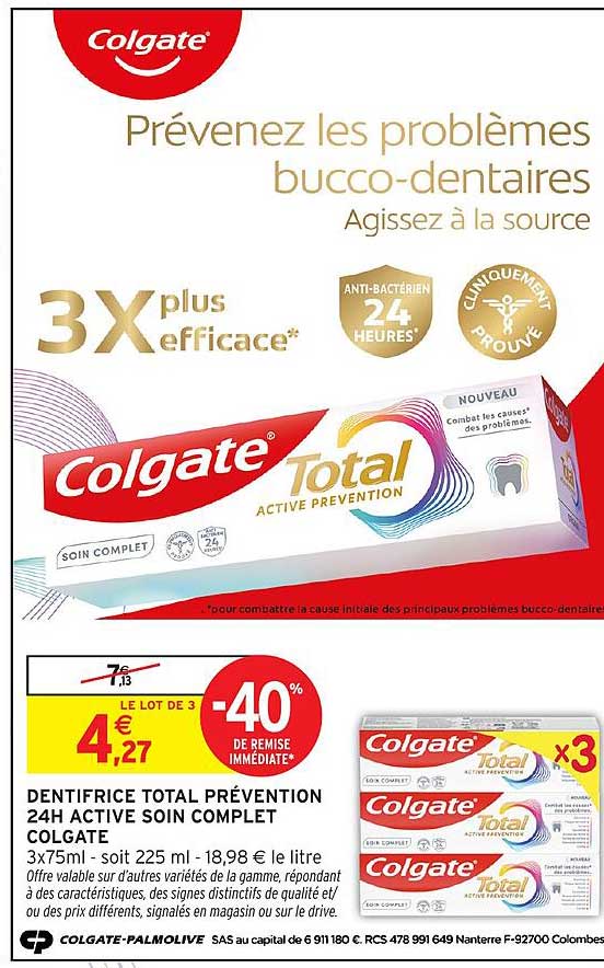 DENTIFRICE TOTAL PRÉVENTION 24H ACTIVE SOIN COMPLET COLGATE
