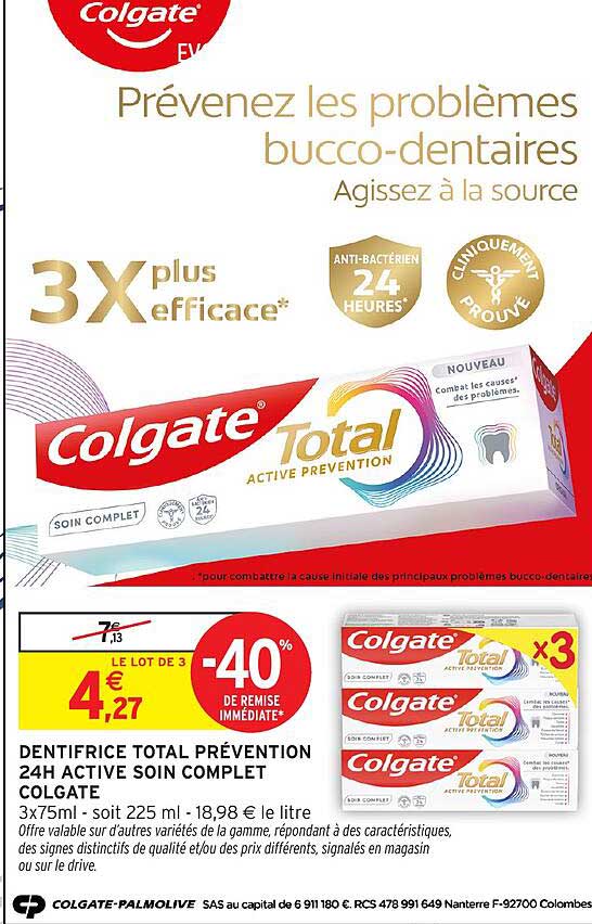 DENTIFRICE TOTAL PRÉVENTION 24H ACTIVE SOIN COMPLET COLGATE