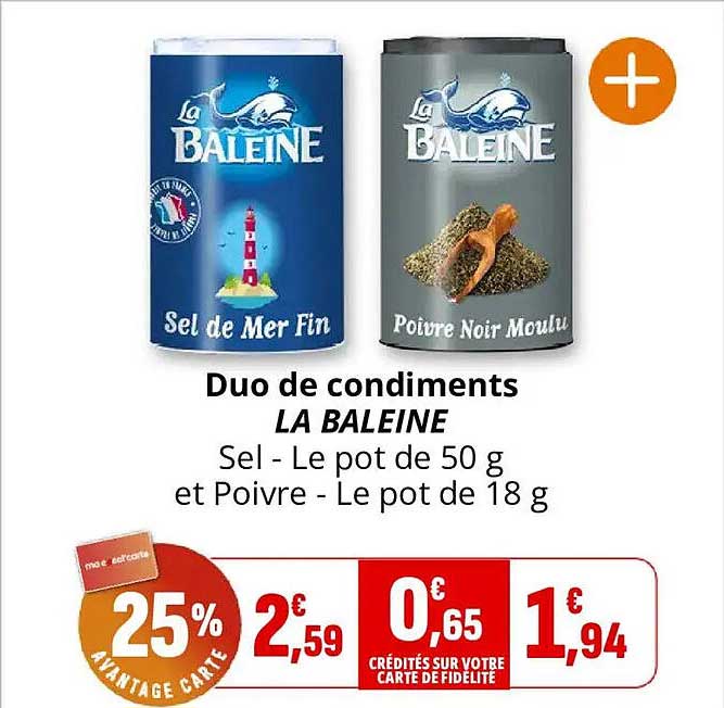Duo de condiments LA BALEINE Sel - Le pot de 50 g et Poivre - Le pot de 18 g