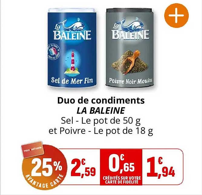 Duo de condiments LA BALEINE Sel - Le pot de 50 g et Poivre - Le pot de 18 g