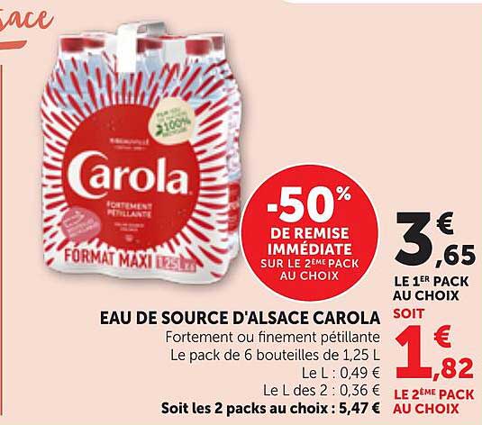 EAU DE SOURCE D'ALSACE CAROLA FORTEMENT ou finement pétillante
