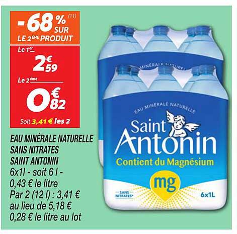 EAU MINÉRALE NATURELLE SANS NITRATES SAINT ANTONIN 6x1l - soit 6l - 0,43 € le litre