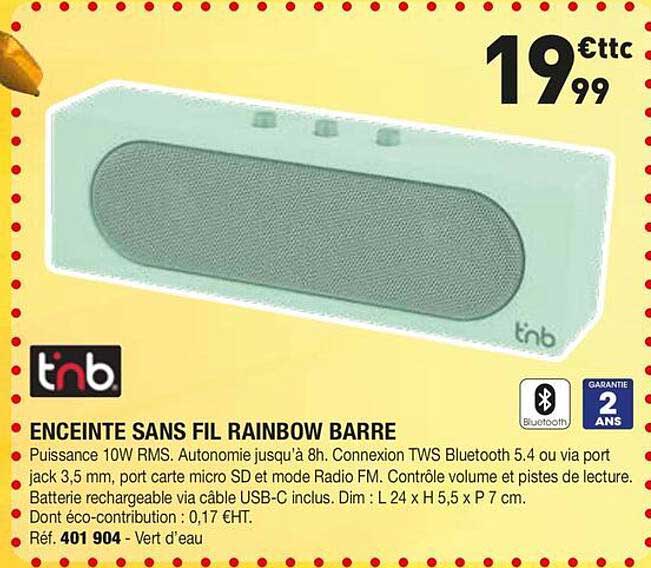 ENCEINTE SANS FIL RAINBOW BARRE