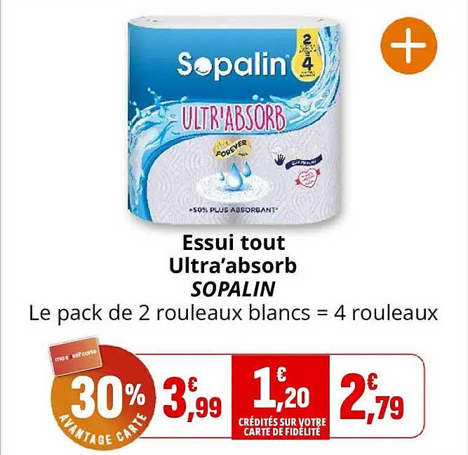Essui tout Ultra’absorb SOPALIN Le pack de 2 rouleaux blancs = 4 rouleaux