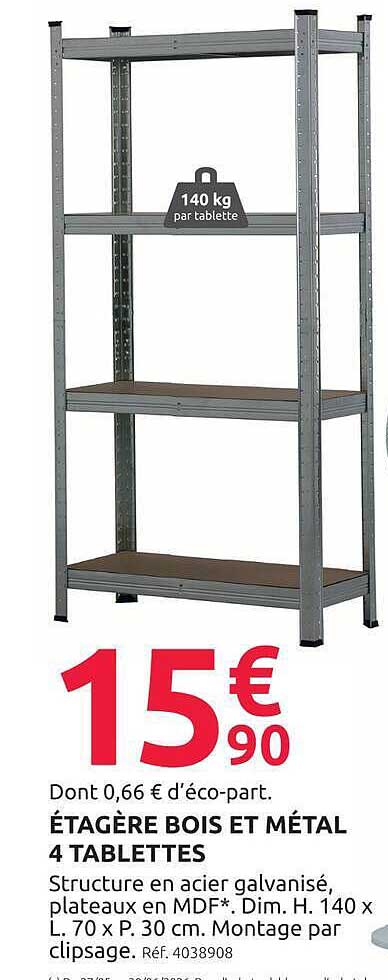 ÉTAGÈRE BOIS ET MÉTAL 4 TABLETTES