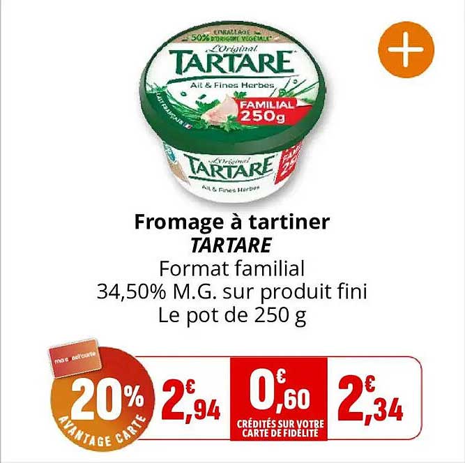 Fromage à tartiner TARTARE Format familial 34,50% M.G. sur produit fini Le pot de 250 g