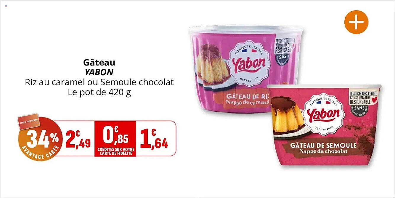 Gâteau YABON Riz au caramel ou Semoule chocolat Le pot de 420 g