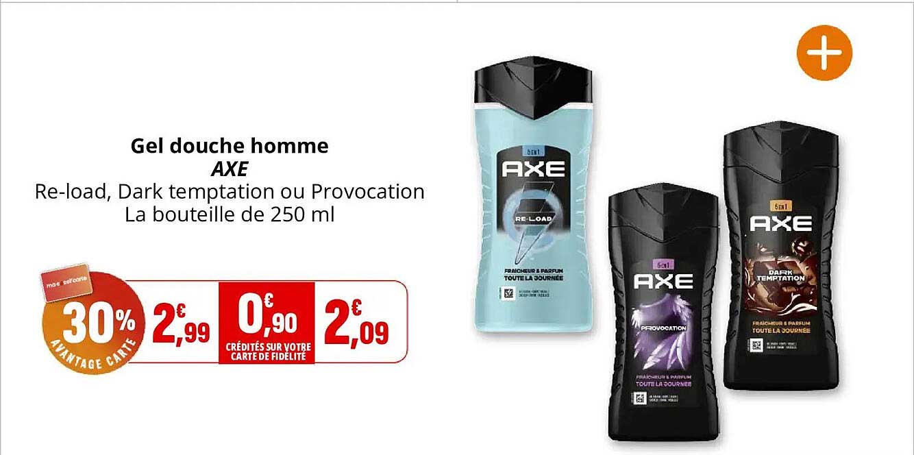 Gel douche homme AXE Re-load, Dark temptation ou Provocation La bouteille de 250 ml