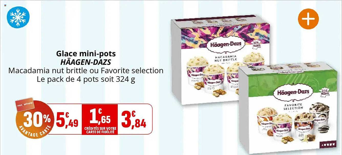 Glace mini-pots HÄAGEN-DAZS Macadamia nut brittle ou Favorite selection Le pack de 4 pots soit 324 g