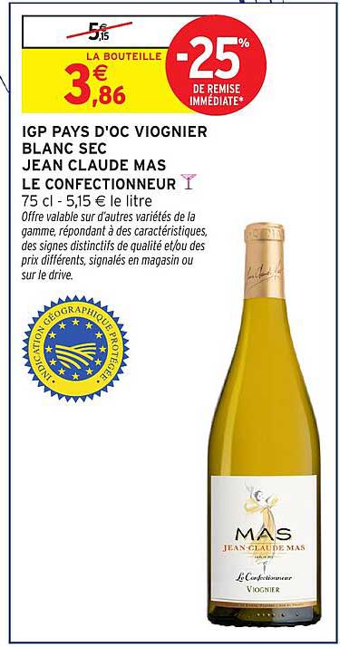 IGP PAYS D'OC VIOGNIER BLANC SEC JEAN CLAUDE MAS LE CONFECTIONNEUR