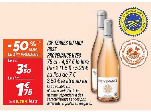 IGP TERRES DU MIDI ROSÉ PROVENANCE IVE3 75 cl - 4,67 € le litre Par 2 (1,5 l) : 5,25 €