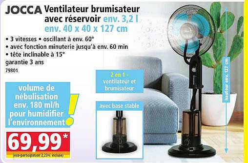JOCCA Ventilateur brumisateur avec réservoir env. 3,2 l env. 40 x 40 x 127 cm