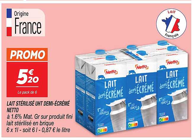 LAIT STÉRILISÉ UHT DEMI-ÉCRÉMÉ NETTO
