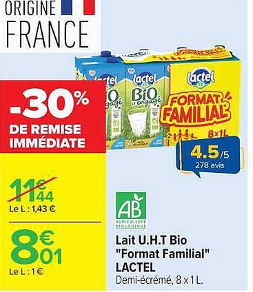 Lait UHT Bio "Format Familial" LACTEL